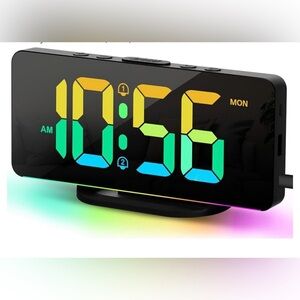 🆕 Dual Alarm Clock with 10 Color Night Light, 2 USB Chargers, Dimmer (Black)